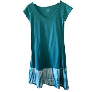 Columbia Daisy Fields Teal Tie Dye V Neck 100% Cotton Tee Shirt Dress Size XS